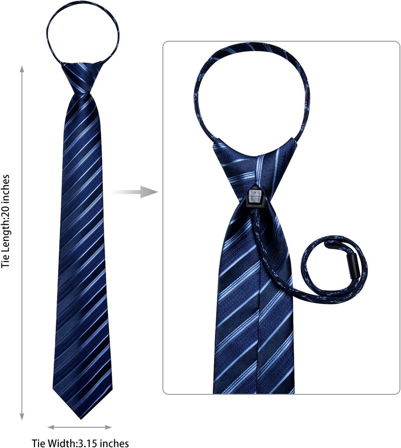 DiBanGu Silk Zipper Ties for Men,Paisley Solid Plaid Pre-tied Tie and Pocket Square Cufflinks Set Formal Adjustable Necktie - Image 4